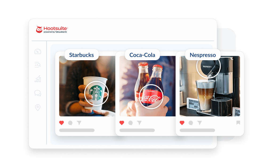 Hootsuite social media dashboard showing brand posts from Starbucks, Coca-Cola, and Nespresso with their product images and logos