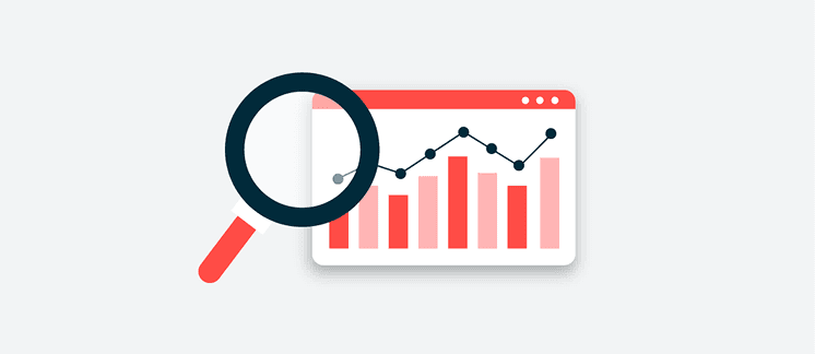 Magnifying glass examining a business analytics dashboard with coral-colored bar graph and navy line chart showing data trends