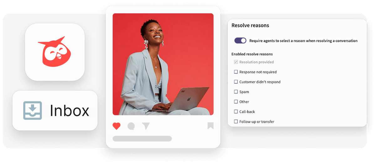 Professional in light blue suit working on laptop against red background, with inbox icon and resolve reasons menu interface