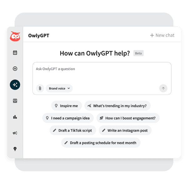OwlyGPT interface showing chat window with suggested prompts for social media content creation and campaign planning